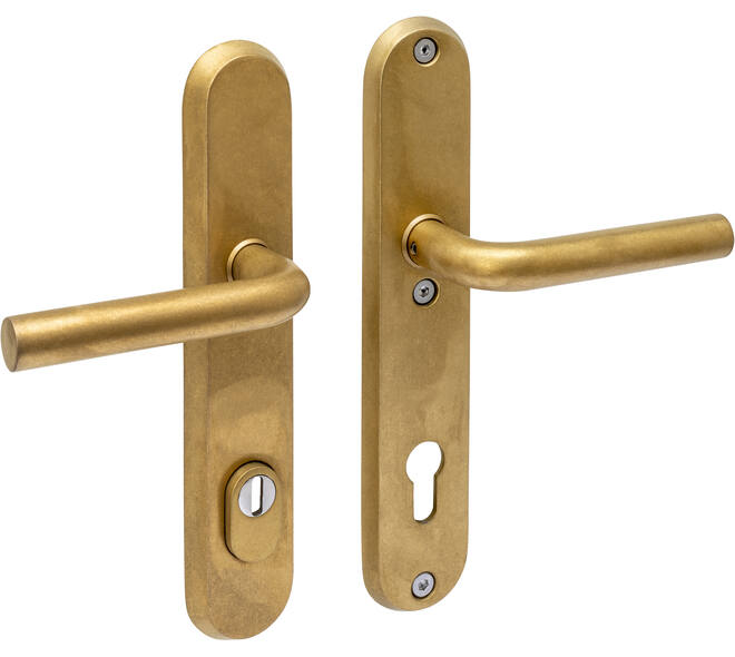 SKG3 veiligheidsbeslag ovaal 250x50mm kruk/kruk Luzern met veerconstructie profielcilindergat 92mm met kerntrekbeveiliging PVD messing getrommeld