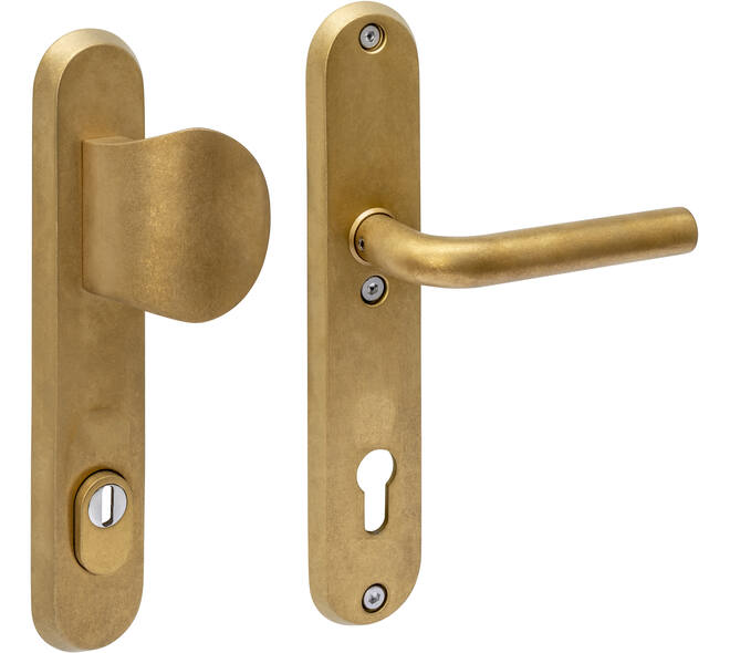 SKG3 veiligheidsbeslag ovaal 250x50mm greep/kruk Luzern met veerconstructie profielcilindergat 92mm met kerntrekbeveiliging PVD messing getrommeld