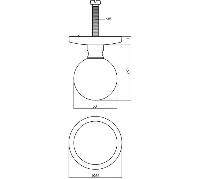 Voordeurknop bolrond ø50mm op achterplaat ø66mm messing getrommeld