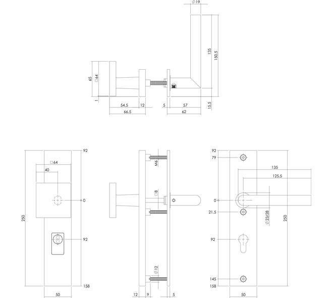 SKG3 veiligheidsbeslag rechthoekig 250x50mm greep/kruk Jura profielcilindergat 92mm met kerntrekbeveiliging PVD messing getrommeld