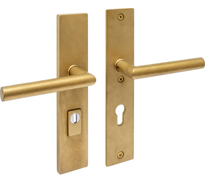 SKG3 veiligheidsbeslag rechthoekig 250x50mm kruk/kruk Jura met veerconstructie profielcilindergat 72mm met kerntrekbeveiliging PVD messing getrommeld