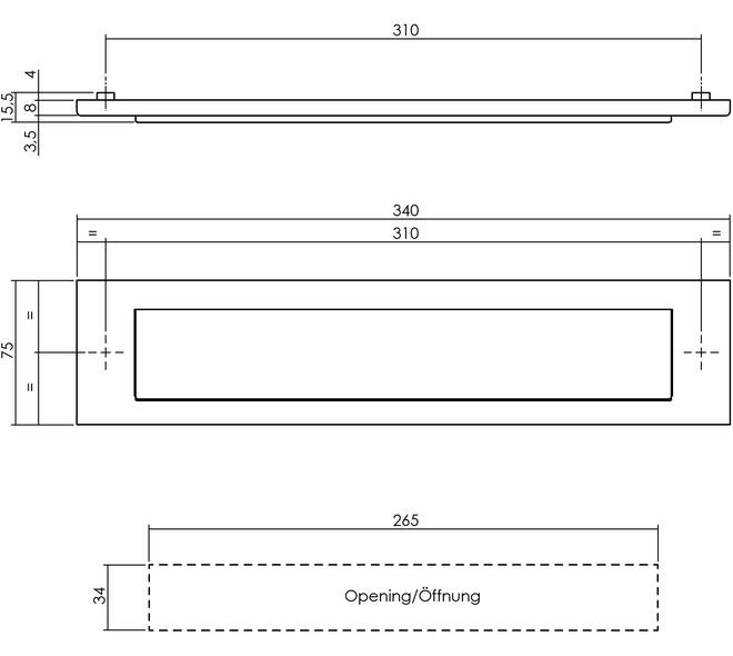 Briefplaat rechthoekig 340x75mm met klep/regenrand PVD messing getrommeld