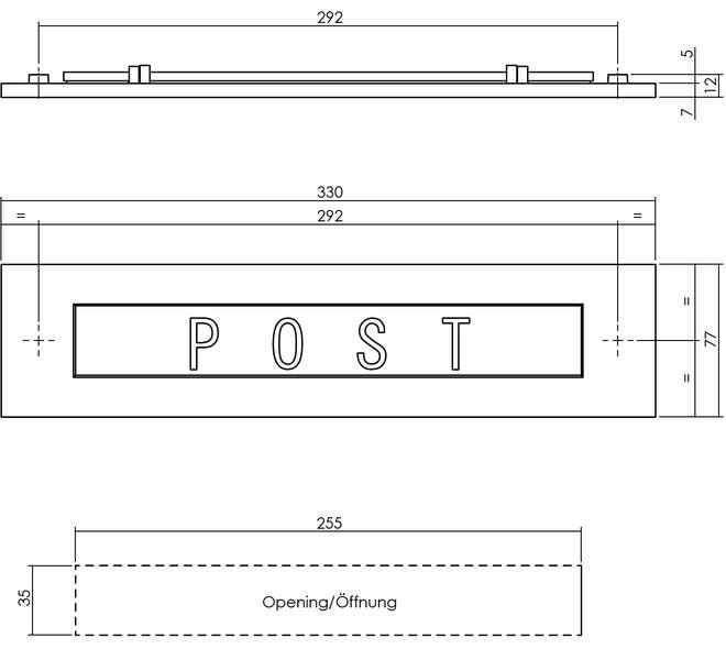 Briefplaat rechthoekig 330x77mm met verende klep binnendraaiend met tekst "POST" messing getrommeld