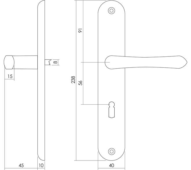 Deurkruk Saturnus op schild ovaal 236x37mm sleutelgat 56mm messing gelakt