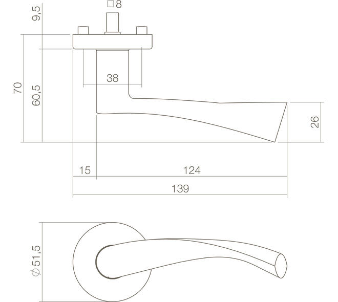 Deurkruk Vlinder met rozet verdekt ø52x10mm messing gelakt