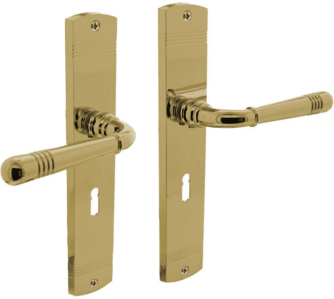 Deurkruk Helena op schild afgerond 235x45mm sleutelgat 56mm PVD messingkleur