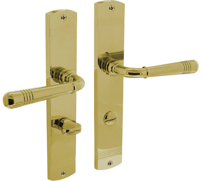 Deurkruk Helena op schild afgerond 235x45mm wc 63/8mm PVD messingkleur
