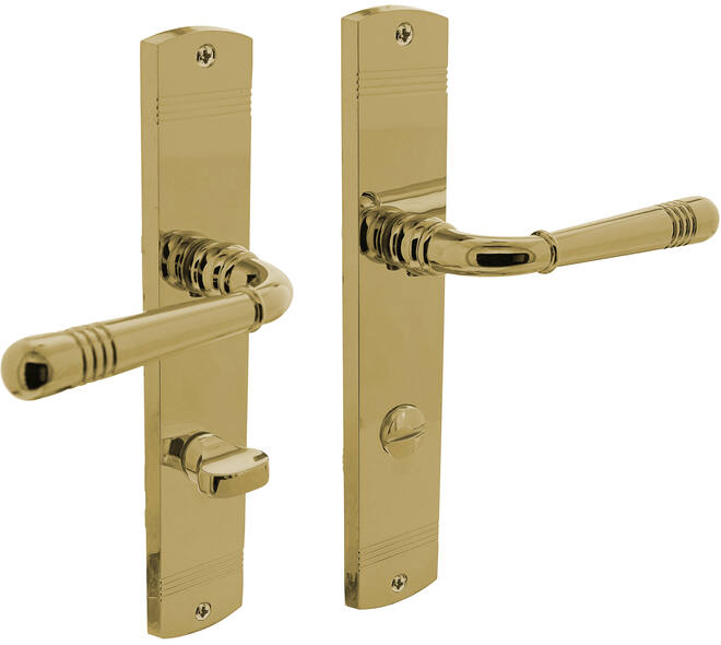 Deurkruk Helena op schild afgerond 235x45mm wc 78/8mm PVD messingkleur