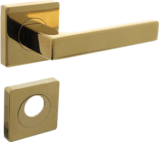Deurkruk Hera op rozet verdekt 55x55x10mm met nokken en rondcilinderrozetten PVD messingkleur