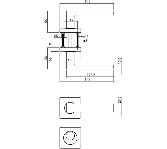 Deurkruk Hera op rozet verdekt 55x55x10mm met nokken en rondcilinderrozetten PVD messingkleur