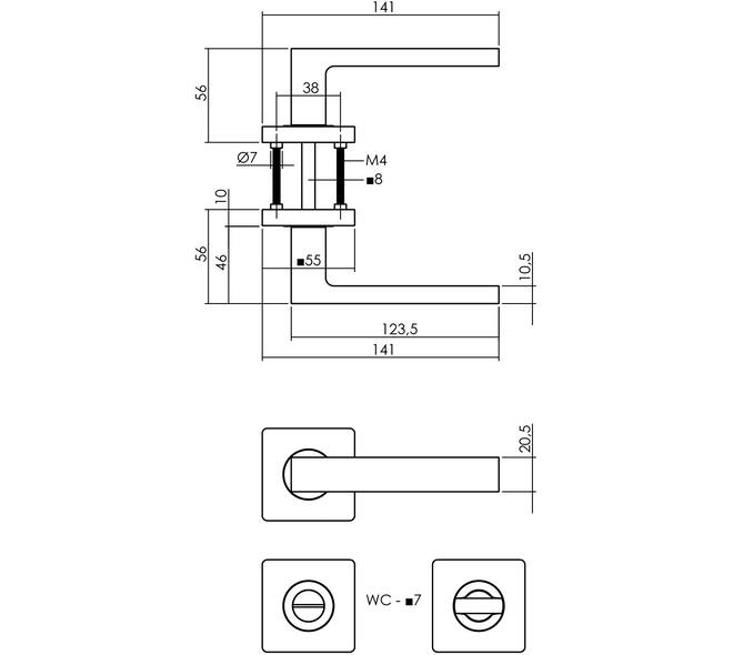 Deurkruk Hera op rozet verdekt 55x55x10mm met nokken en WC-sluiting met stift 7x7mm PVD messingkleur