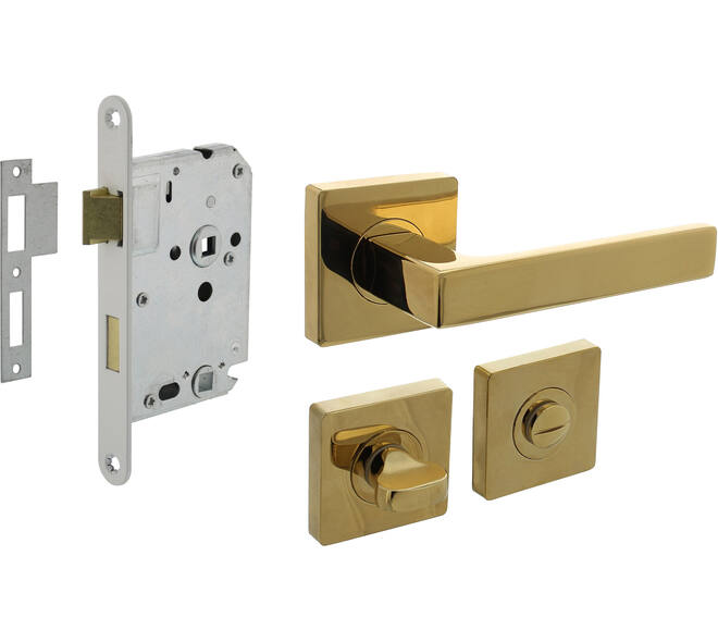 Set toiletslot 63/8mm wit met deurkruk Hera op rozet 55x55mm en WC-sluiting PVD messingkleur