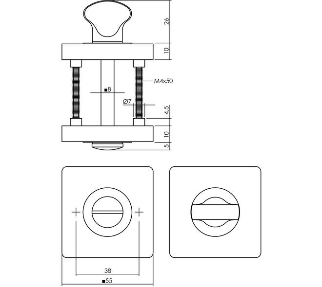Set toiletslot 63/8mm wit met deurkruk Hera op rozet 55x55mm en WC-sluiting PVD messingkleur