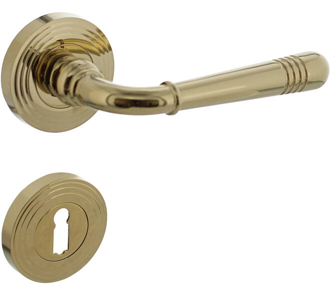Deurkruk Helena op rozet verdekt met rillen ø55x10mm met nokken en sleutelrozetten PVD messingkleur