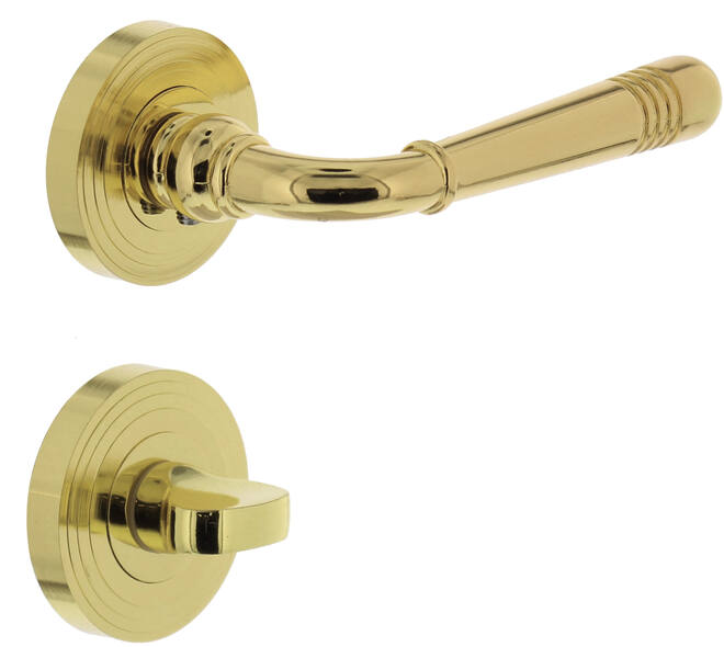 Deurkruk Helena op rozet verdekt met rillen ø55x10mm met nokken en WC-sluiting met stift 8x8mm PVD messingkleur