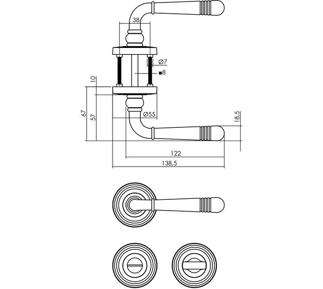 Deurkruk Helena op rozet verdekt met rillen ø55x10mm met nokken en WC-sluiting met stift 8x8mm PVD messingkleur
