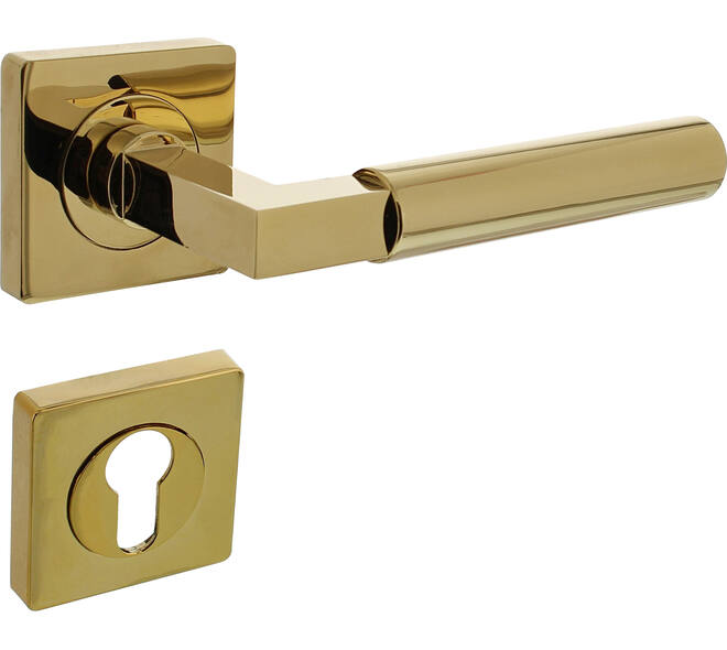 Deurkruk Baustil op rozet verdekt 55x55x10mm met nokken en cilinderrozetten PVD messingkleur