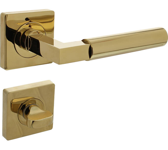 Deurkruk Baustil op rozet verdekt 55x55x10mm met nokken en WC-sluiting met stift 7x7mm PVD messingkleur