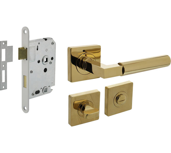 Set toiletslot 63/8mm wit met deurkruk Baustil op rozet 55x55mm en WC-sluiting PVD messingkleur
