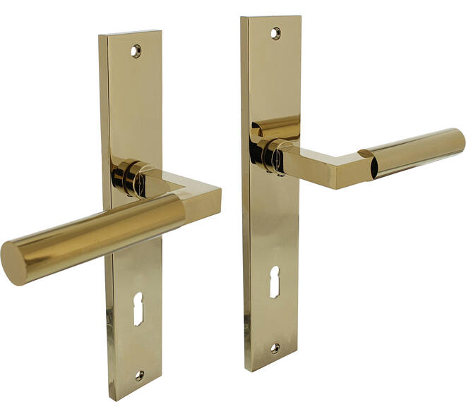 Deurkruk Baustil op schild rechthoekig 245x45mm sleutelgat 78mm PVD messingkleur