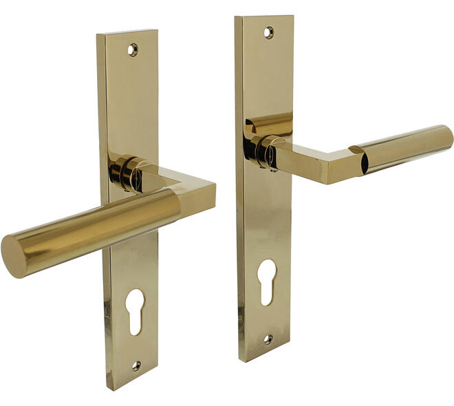 Deurkruk Baustil op schild rechthoekig 245x45mm profielcilindergat 78mm PVD messingkleur