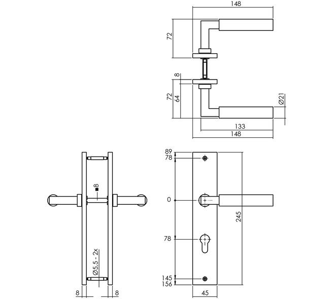 Deurkruk Baustil op schild rechthoekig 245x45mm profielcilindergat 78mm PVD messingkleur