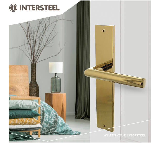 Deurkruk Bastian op schild rechthoekig 245x45mm blind PVD messingkleur