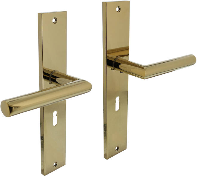 Deurkruk Bastian op schild rechthoekig 245x45mm sleutelgat 56mm PVD messingkleur