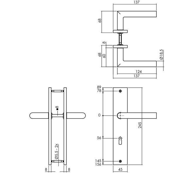 Deurkruk Bastian op schild rechthoekig 245x45mm sleutelgat 56mm PVD messingkleur