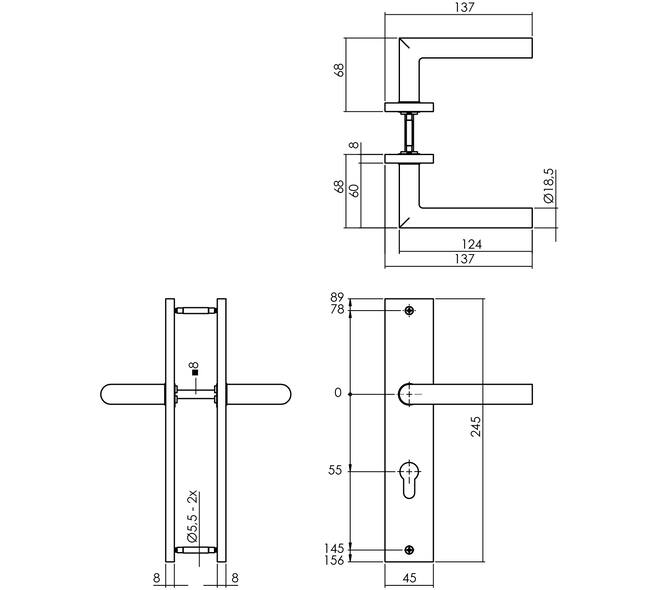 Deurkruk Bastian op schild rechthoekig 245x45mm profielcilindergat 55mm PVD messingkleur