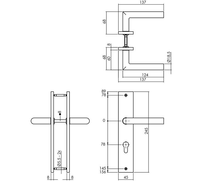 Deurkruk Bastian op schild rechthoekig 245x45mm profielcilindergat 78mm PVD messingkleur
