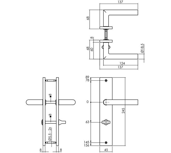 Deurkruk Bastian op schild rechthoekig 245x45mm wc 63/8mm PVD messingkleur