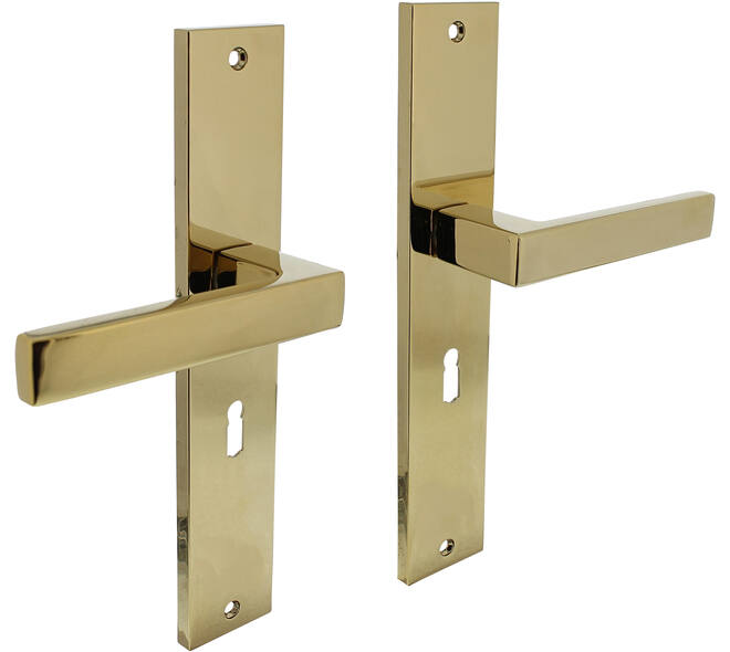 Deurkruk Hera op schild rechthoekig 245x45mm sleutelgat 56mm PVD messingkleur