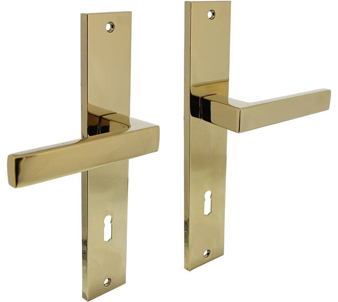Deurkruk Hera op schild rechthoekig 245x45mm sleutelgat 78mm PVD messingkleur