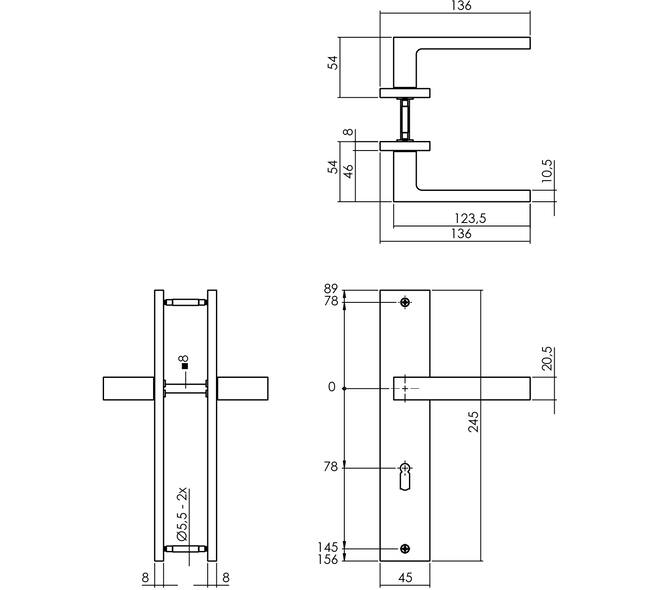 Deurkruk Hera op schild rechthoekig 245x45mm sleutelgat 78mm PVD messingkleur