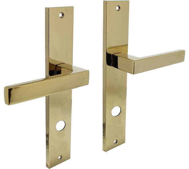 Deurkruk Hera op schild rechthoekig 245x45mm rondcilindergat 78mm PVD messingkleur