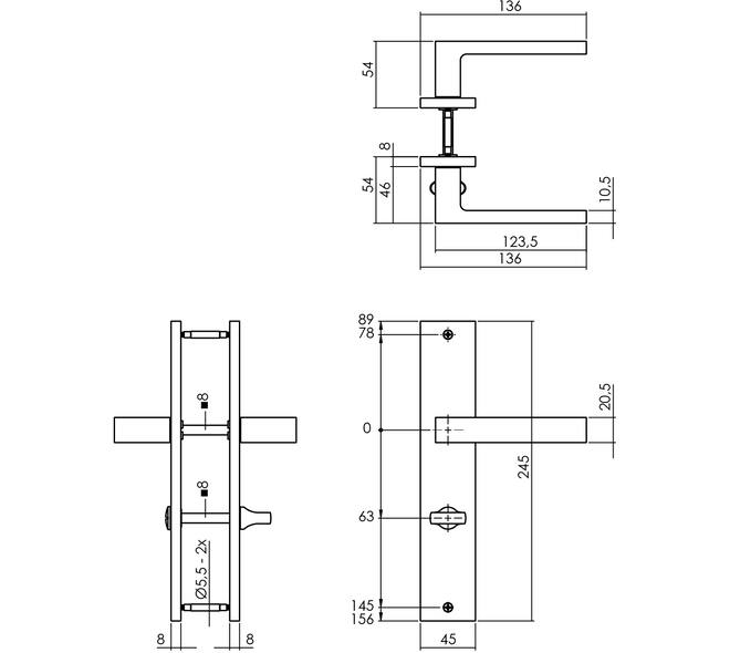 Deurkruk Hera op schild rechthoekig 245x45mm wc 63/8mm PVD messingkleur
