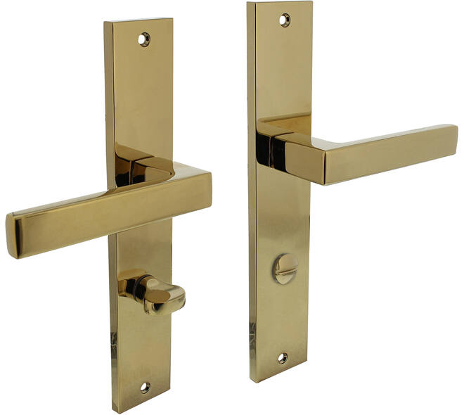 Deurkruk Hera op schild rechthoekig 245x45mm wc 78/7mm PVD messingkleur