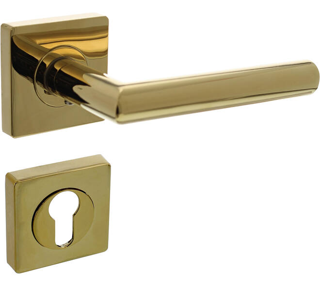 Deurkruk Bastian op rozet verdekt 55x55x10mm met nokken en cilinderrozetten PVD messingkleur