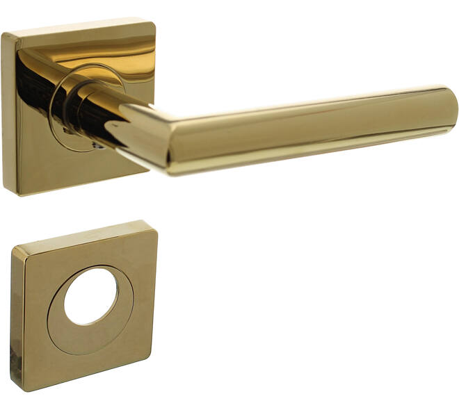 Deurkruk Bastian op rozet verdekt 55x55x10mm met nokken en rondcilinderrozetten PVD messingkleur