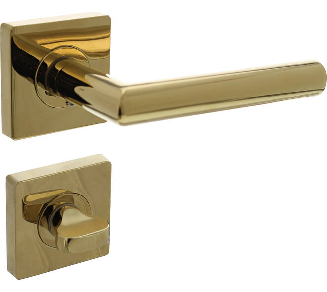 Deurkruk Bastian op rozet verdekt 55x55x10mm met nokken en WC-sluiting met stift 8x8mm PVD messingkleur