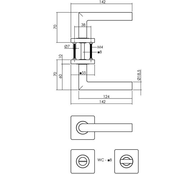 Deurkruk Bastian op rozet verdekt 55x55x10mm met nokken en WC-sluiting met stift 8x8mm PVD messingkleur