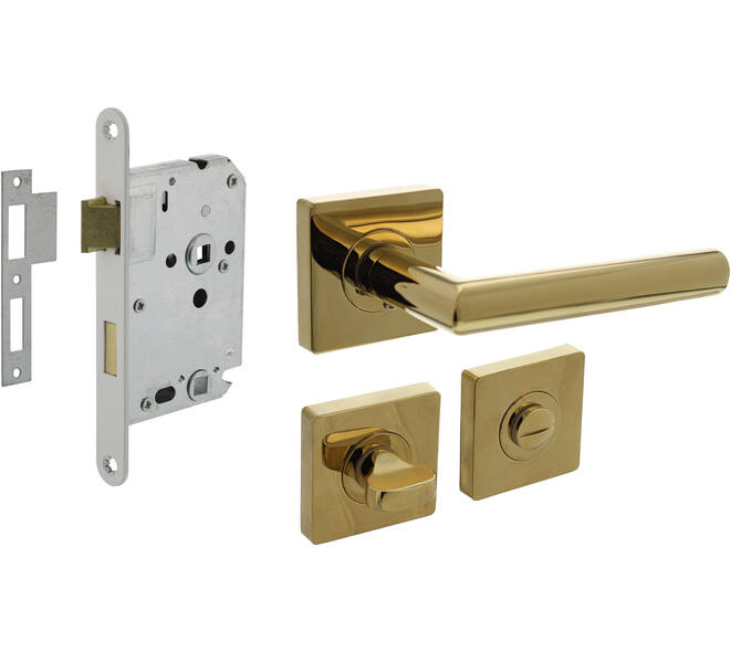 Set toiletslot 63/8mm wit met deurkruk Bastian op rozet 55x55mm en WC-sluiting PVD messingkleur