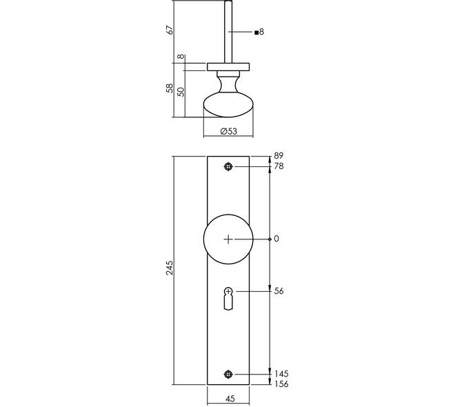 Knopschild rechthoekig 245x45x8mm met vaste knop paddenstoel en wisselstift sleutelgat 56mm PVD messingkleur