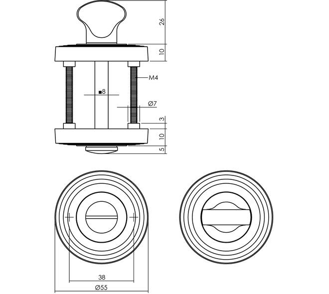 WC-sluiting verdekt met rillen ø55x10mm en nokken met stift 8x8mm PVD messingkleur