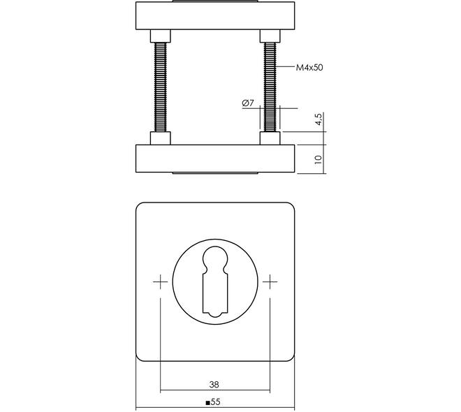 Sleutelrozetten verdekt 55x55x10mm met nokken PVD messingkleur