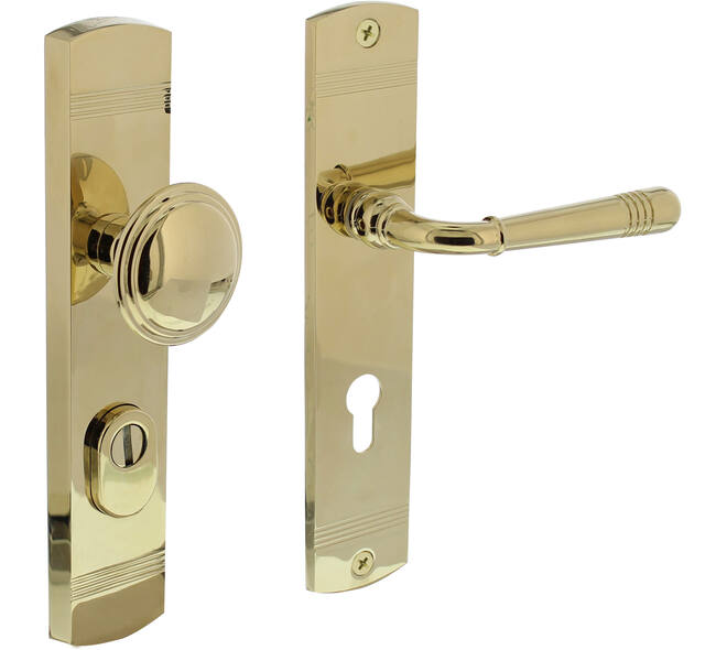 Voordeurbeslag Helena 239x50mm knop/kruk profielcilindergat 72mm met kerntrekbeveiliging PVD messingkleur
