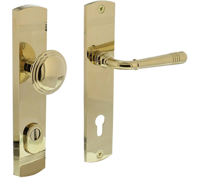 Voordeurbeslag Helena 239x50mm knop/kruk profielcilindergat 92mm met kerntrekbeveiliging PVD messingkleur