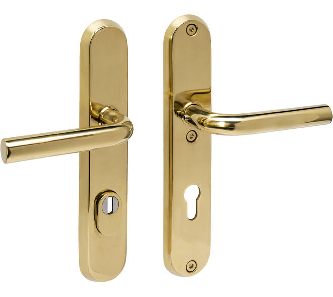 SKG3 veiligheidsbeslag ovaal 250x50mm kruk/kruk Luzern met veerconstructie profielcilindergat 72mm met kerntrekbeveiliging PVD messingkleur