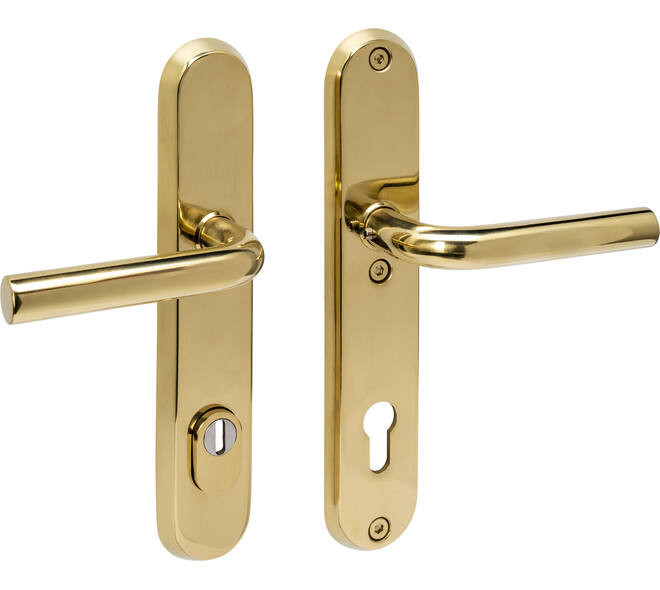 SKG3 veiligheidsbeslag ovaal 250x50mm kruk/kruk Luzern met veerconstructie profielcilindergat 92mm met kerntrekbeveiliging PVD messingkleur